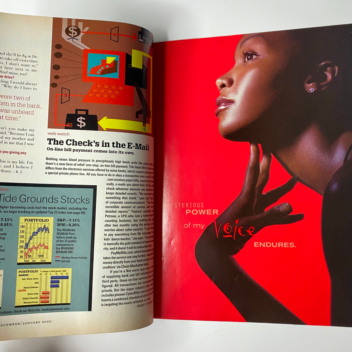 Ad from Working Woman Magazine January 2000, showcasing a model with bold makeup promoting a financial theme. Part of discussions on financial literacy and personal finance relevant to working women.