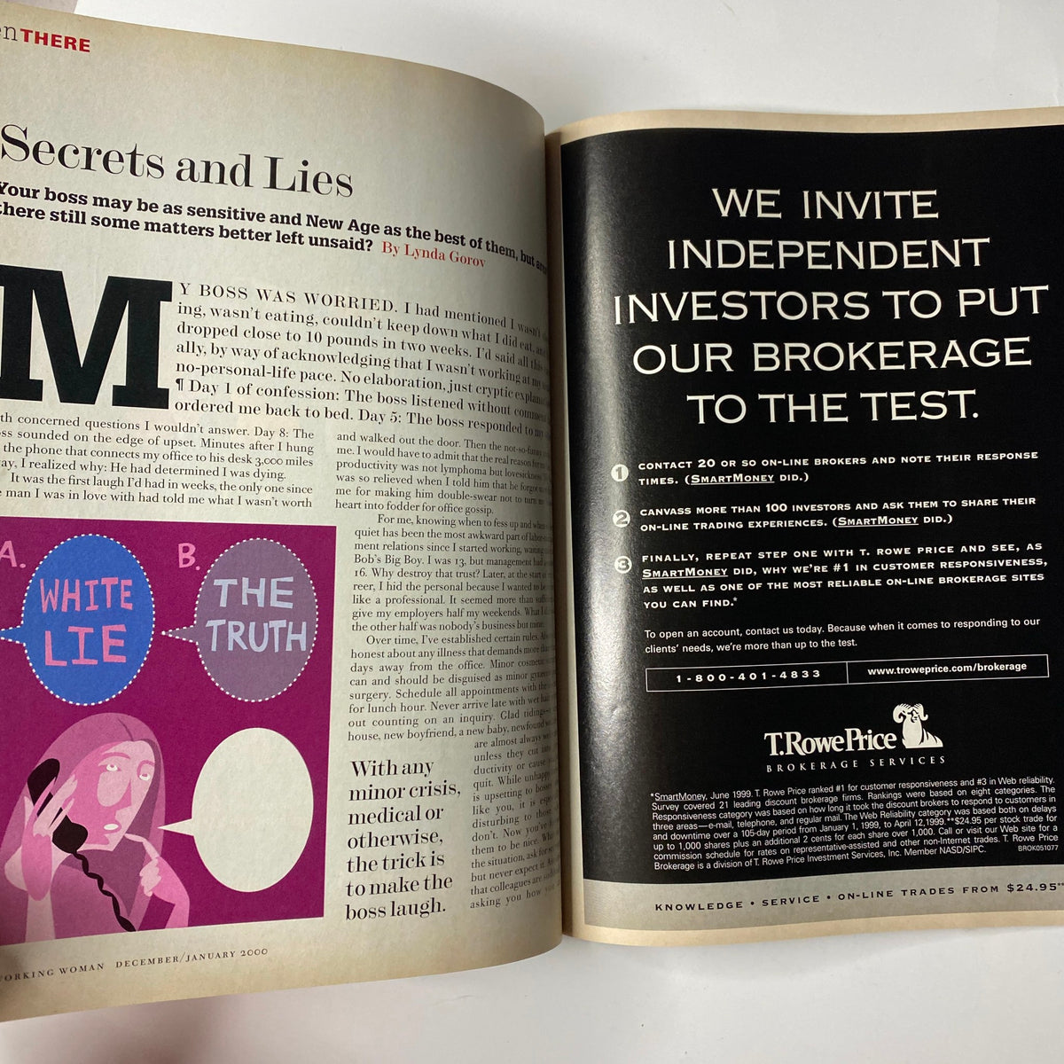 Interior page of Working Woman Magazine January 2000 discussing 'Secrets and Lies' in the workplace. The page emphasizes the importance of transparency and trust in professional environments.