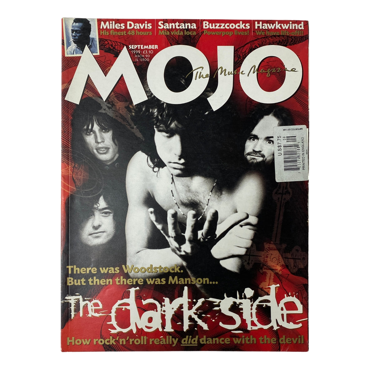 Cover of Mojo Music Magazine September 1999 titled 'The Dark Side,' featuring images and headlines about rock music's intertwining with darker themes.