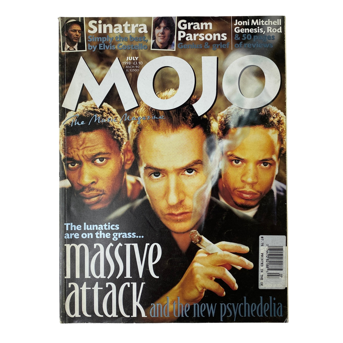Cover of Mojo Music Magazine July 1998 featuring Frank Sinatra, with articles highlighted including Massive Attack and Gram Parsons. No CD included.