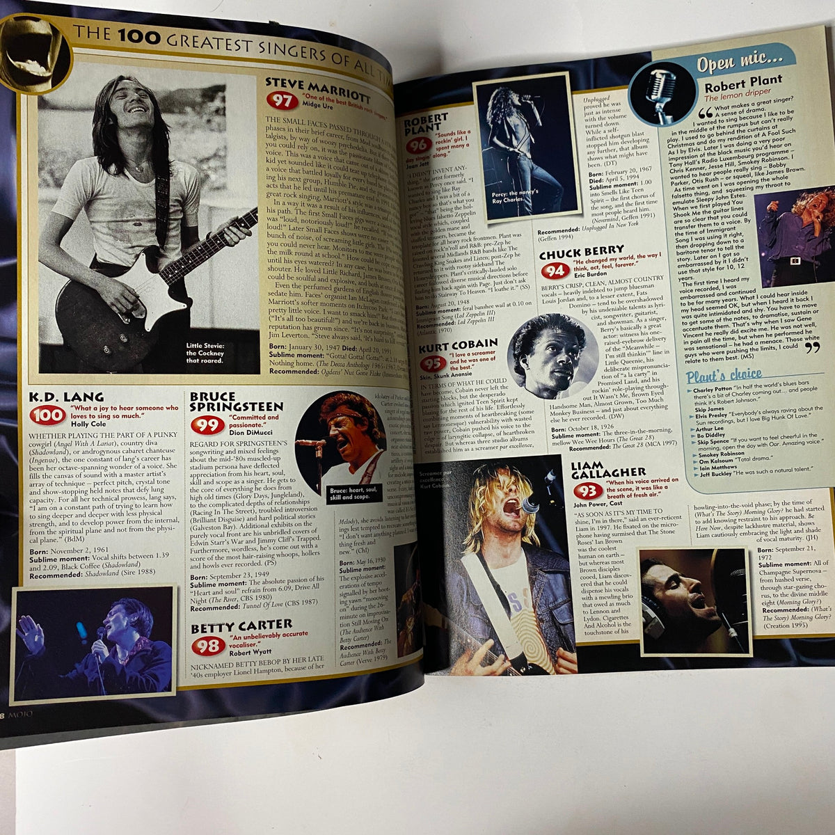 Another inside page of Mojo Music Magazine, October 1998, listing the '100 Greatest Singers of All Time' including Kurt Cobain, Chuck Berry, and others with images and rankings.