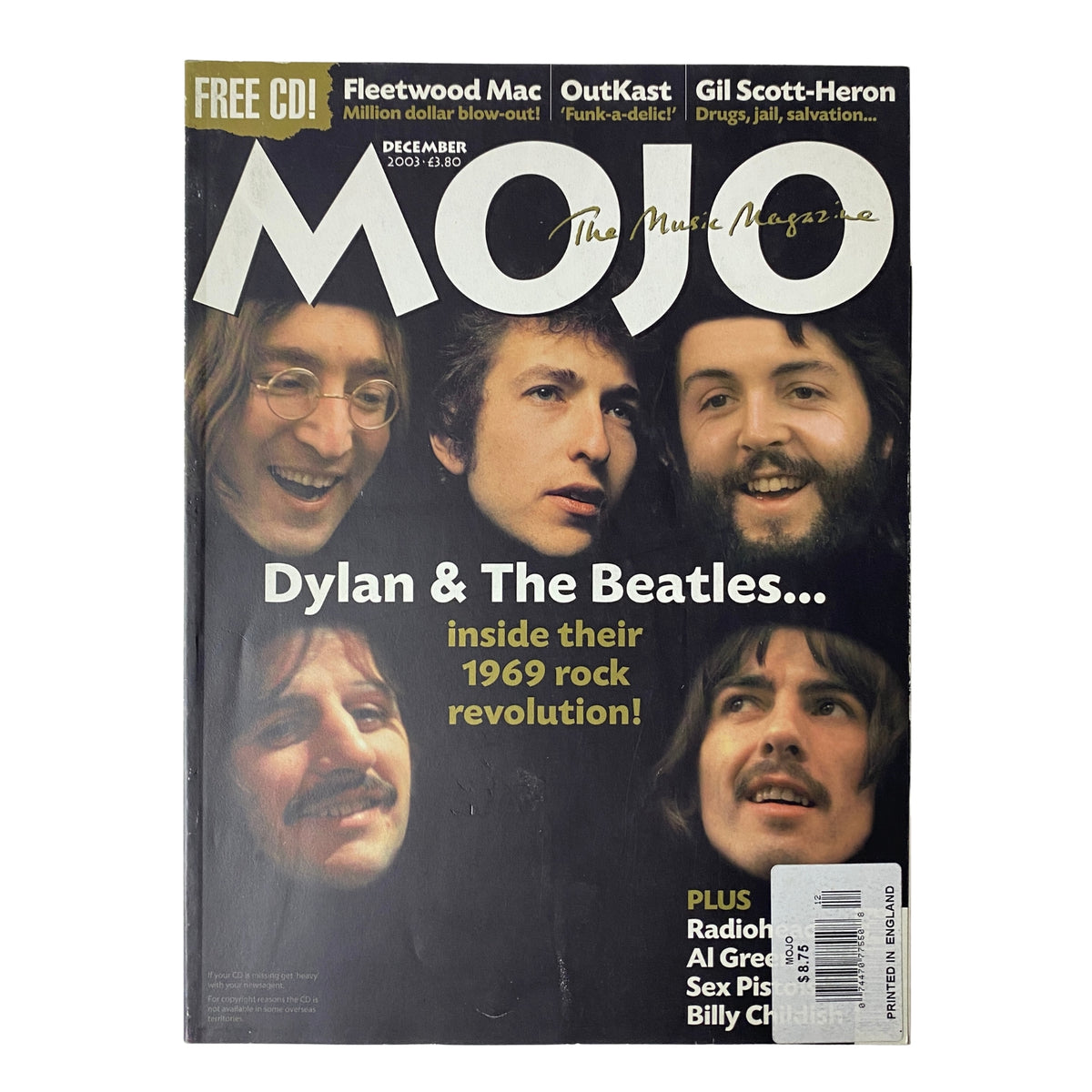 Mojo Music Magazine cover from December 2003 featuring Bob Dylan and The Beatles, highlighting their influence in the 1969 rock revolution. Includes mention of Fleetwood Mac, OutKast, and Gil Scott-Heron.