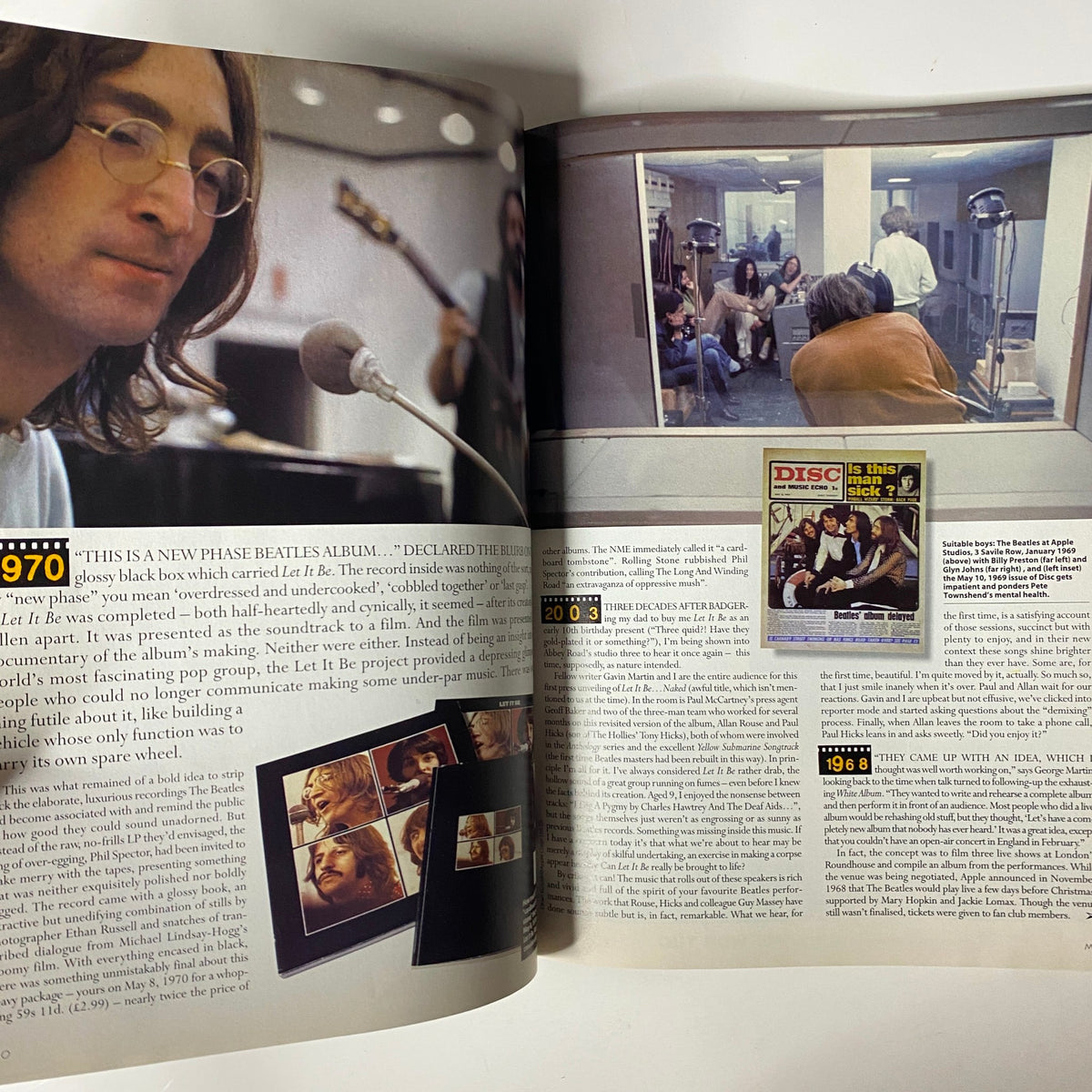 Inside spread of Mojo Music Magazine December 2003 focusing on The Beatles and their album 'Let It Be,' including John Lennon’s insights. The magazine celebrates key moments in the band's history.