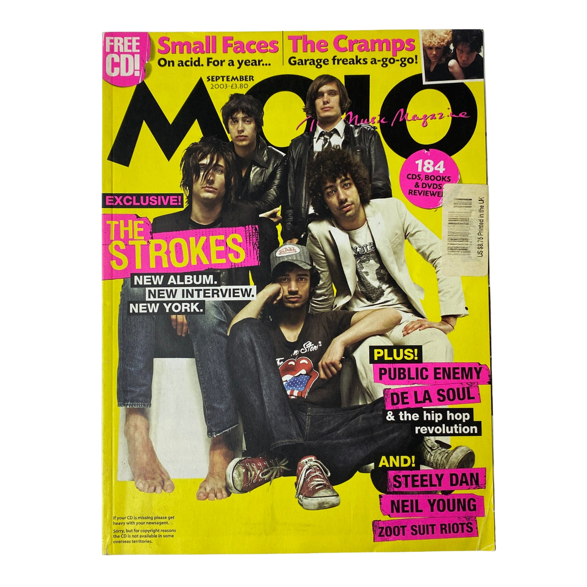 Mojo Music Magazine September 2003 featuring The Strokes on the cover, highlighting their new album with various articles including those on Small Faces and The Cramps.