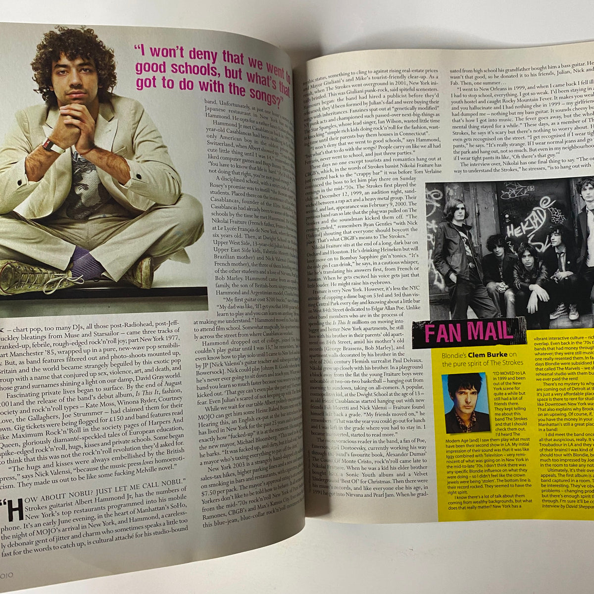 Another inside page of Mojo Music Magazine September 2003 with an interview excerpt featuring The Strokes, including reflections on their artistic process.