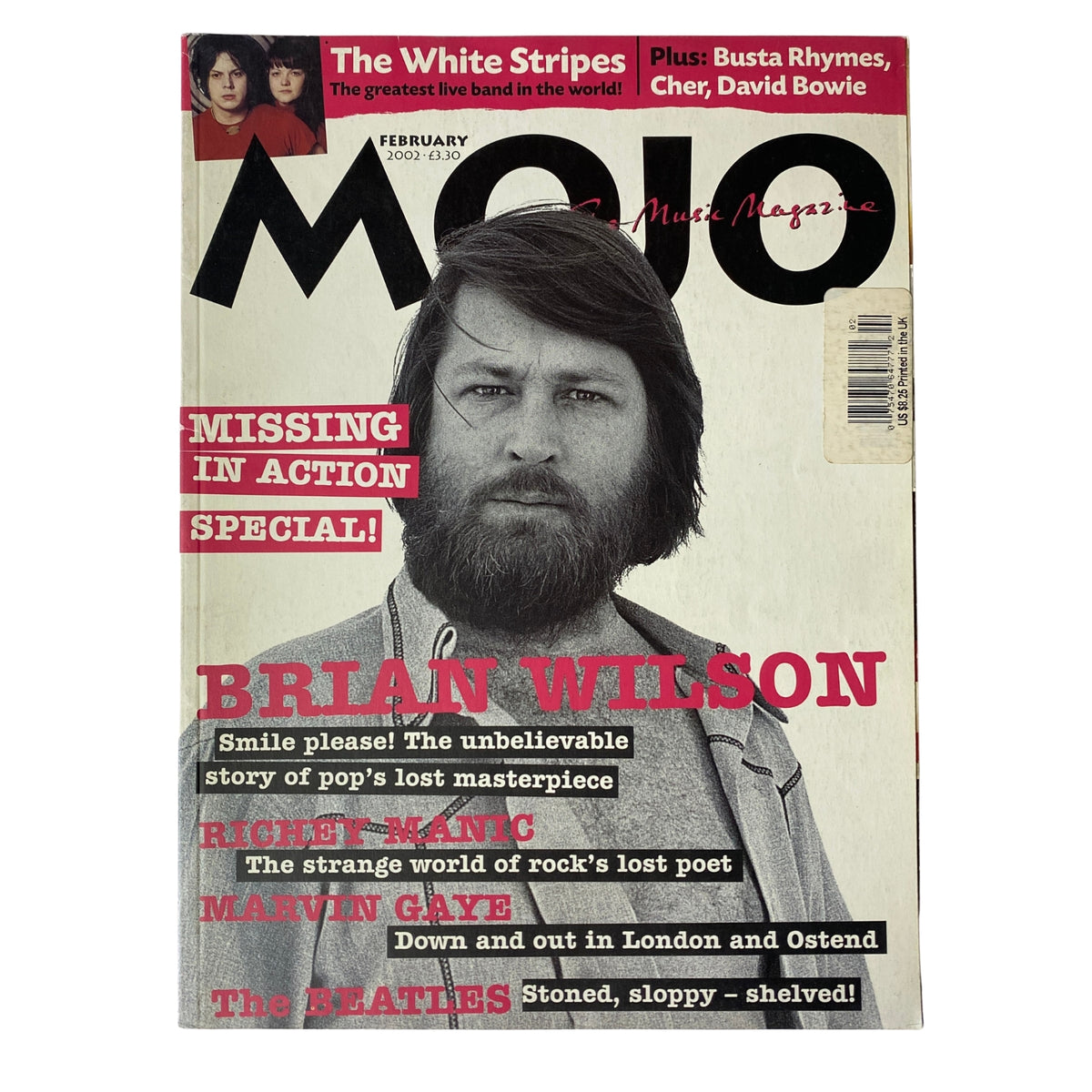 Mojo Music Magazine February 2002 featuring Brian Wilson on the cover; highlights 'Missing In Action Special' with insights into the stories of Brian Wilson, Marvin Gaye, and The White Stripes.