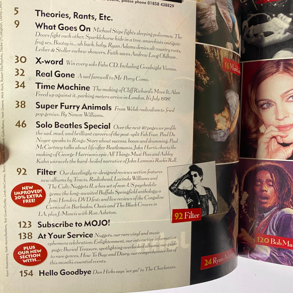 Inside page of Mojo Music Magazine July 2001 displaying the table of contents, including features on music news, culture, and the Solo Beatles Special.