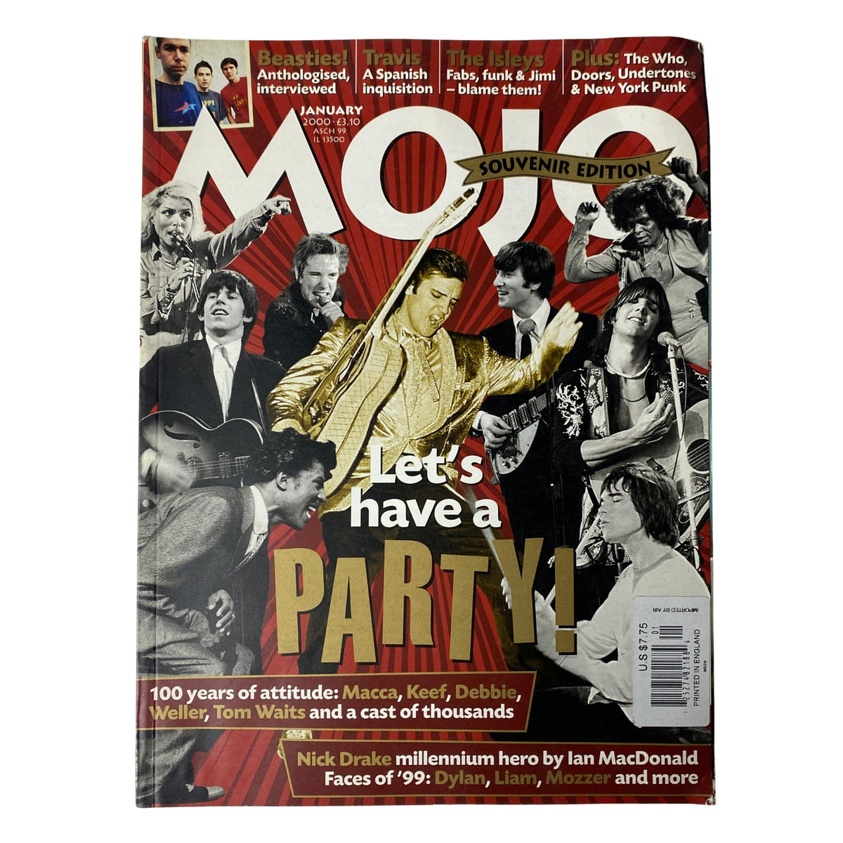 Cover of Mojo Music Magazine January 2000 featuring Elvis Presley, themed 'Let's have a PARTY!' showcasing artists like Macca, Keef, Weller, and more, celebrating 100 years of attitude in music.