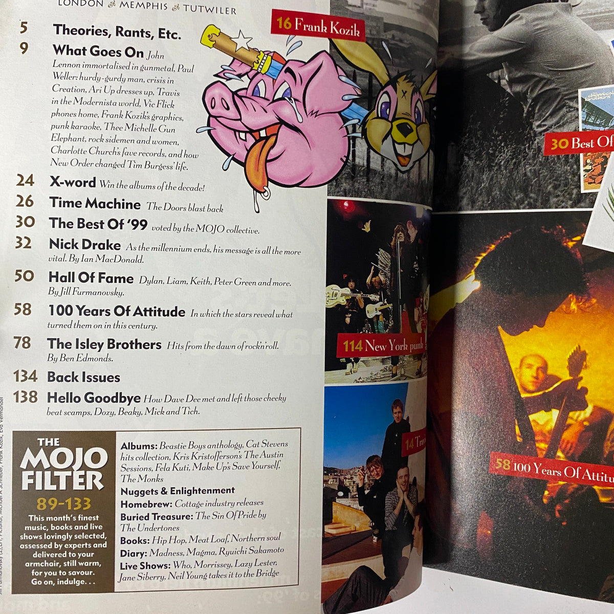 Contents page of Mojo Music Magazine January 2000 listing articles including 'Theories, Rants, Etc.', 'Nick Drake', and 'The Isley Brothers', signifying discussions on music culture.