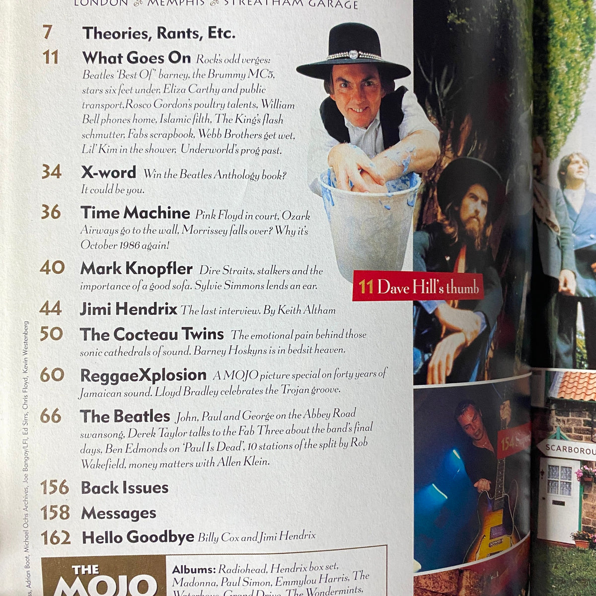 Table of contents from Mojo Music Magazine October 2000, highlighting features including The Beatles, Mark Knopfler, and Jimi Hendrix.
