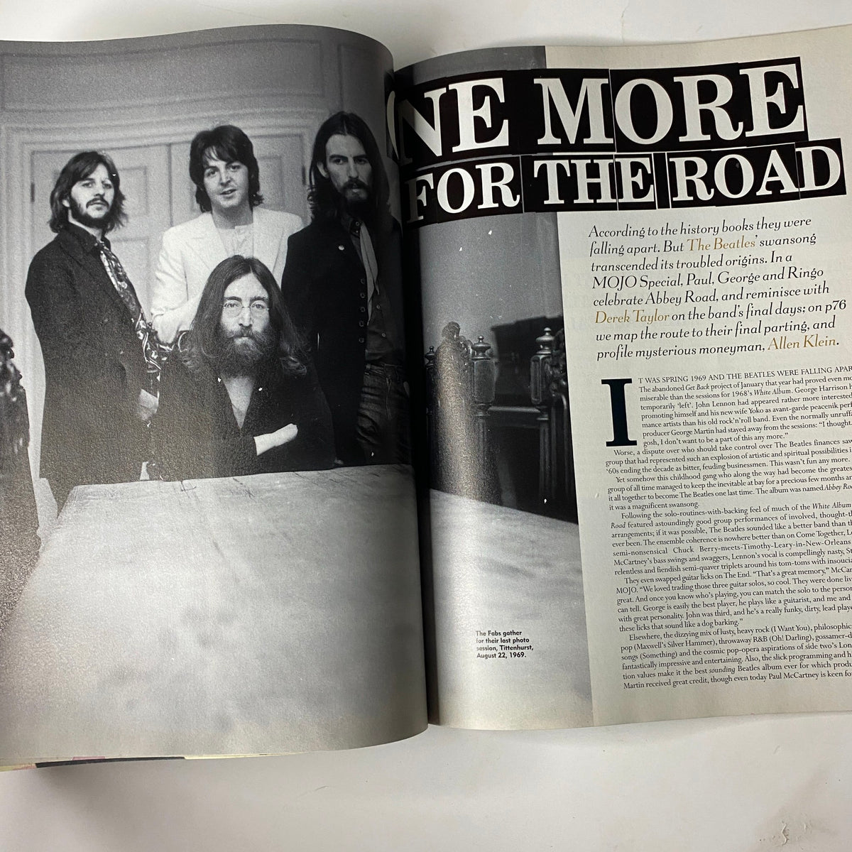 Interior page of Mojo Music Magazine October 2000 discussing The Beatles, including a photograph of the band and an article about their final days.