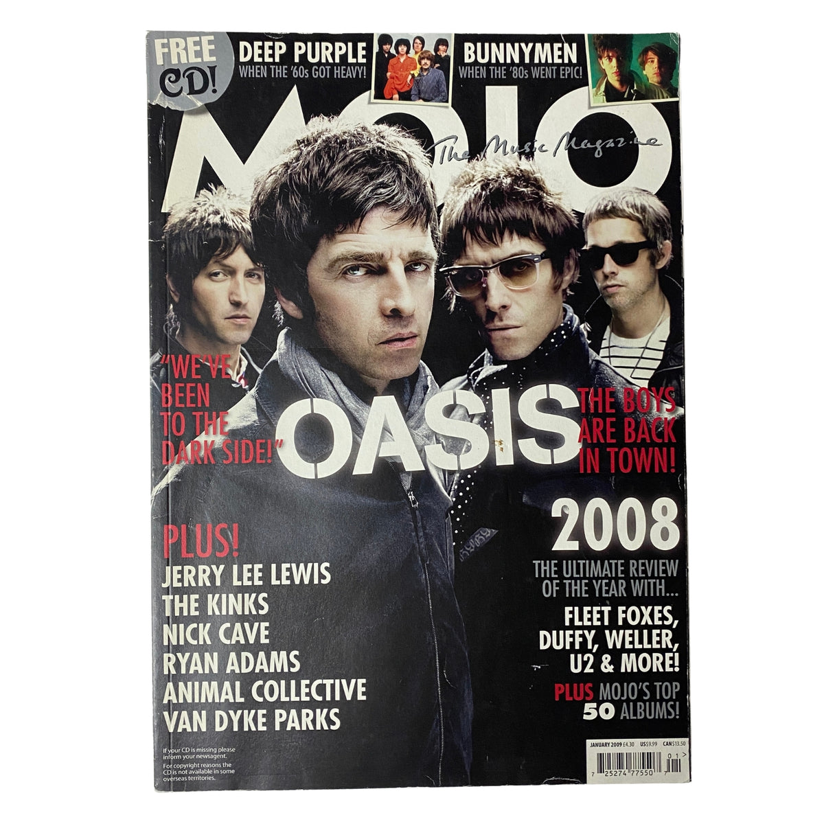 Mojo Music Magazine January 2009 featuring Oasis on the cover, highlighting the band's return with iconic imagery and featuring articles on Jerry Lee Lewis, The Kinks, and more.