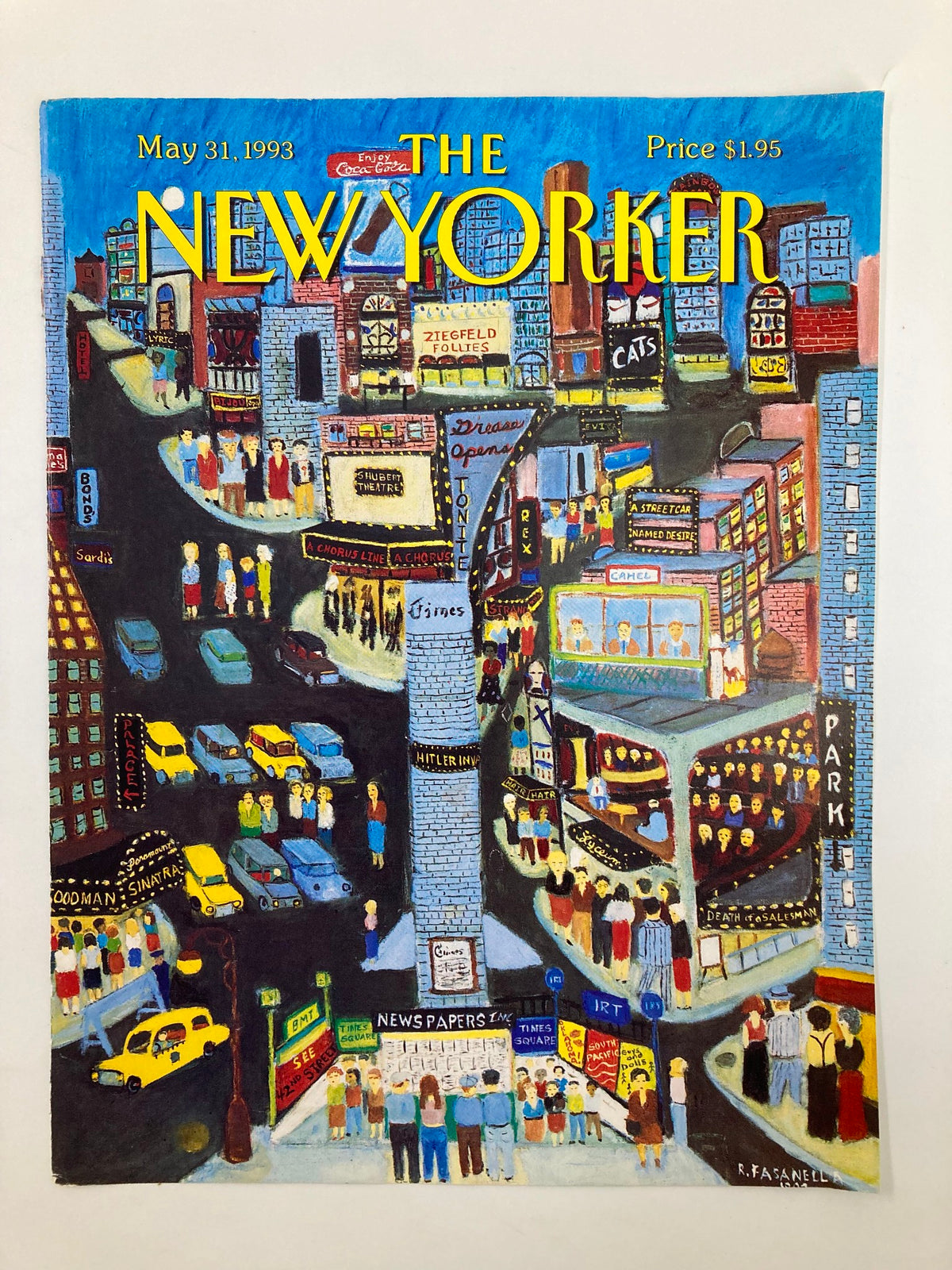 COVER ONLY of The New Yorker dated May 31, 1993, showcasing Ralph Fasanella's 'A Chorus Line,' illustrating a lively street scene in Broadway with iconic theaters and bright signage.