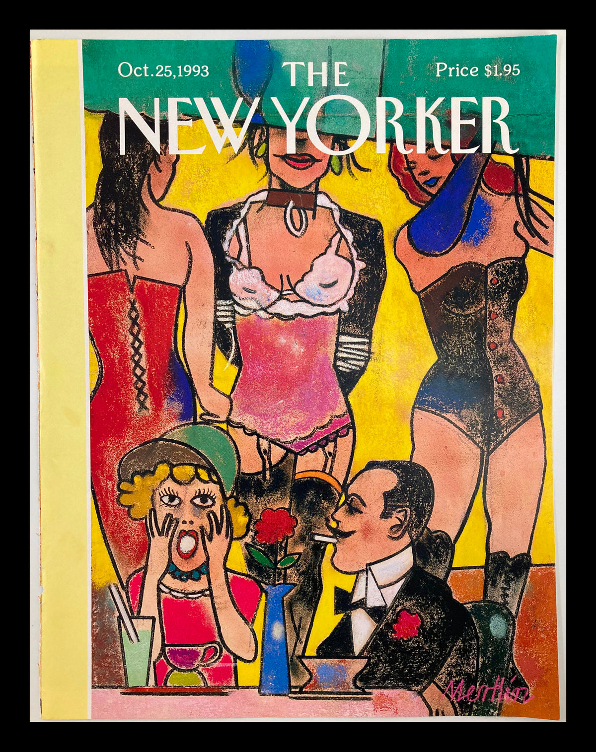 Cover art from The New Yorker, October 25, 1993, titled 'Couture de Sade' by Richard Merkin, featuring a vibrant illustration of fashionable figures in 1990s attire.