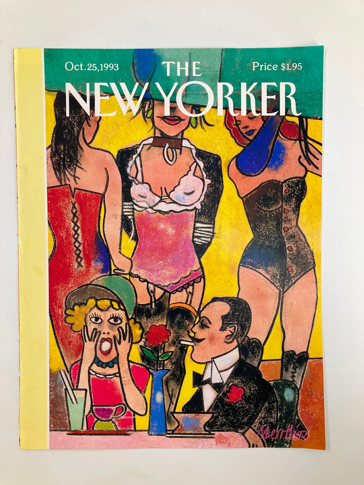 The New Yorker magazine cover, October 25, 1993, 'Couture de Sade' by Richard Merkin, showcasing colorful illustrations of stylish characters in a lively setting.