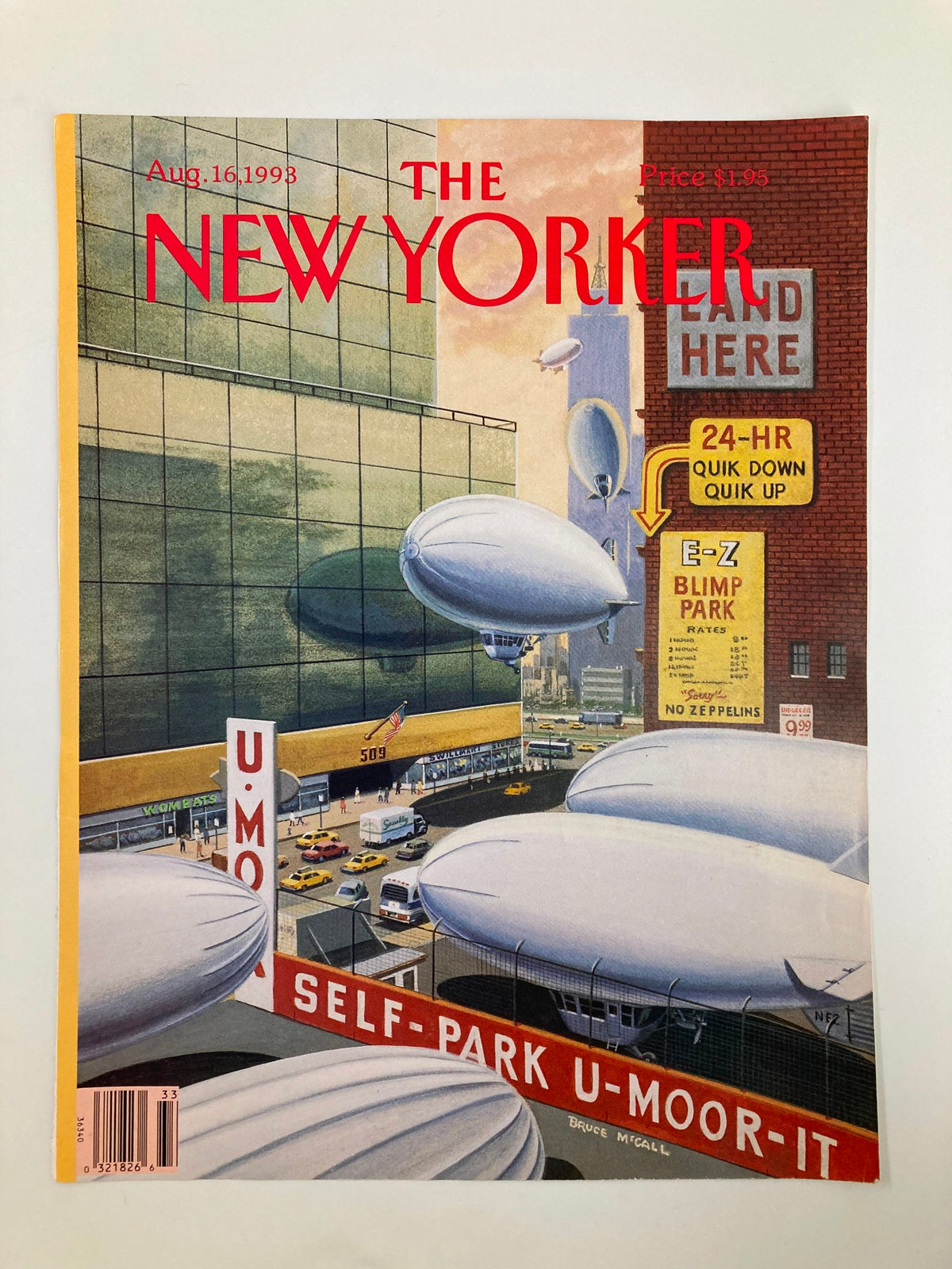 The New Yorker magazine cover from August 16, 1993, showcasing Bruce McCall's Blimp Park design. The illustration includes parked blimps in a modern urban setting, visually portraying a unique and humorous take on city life.