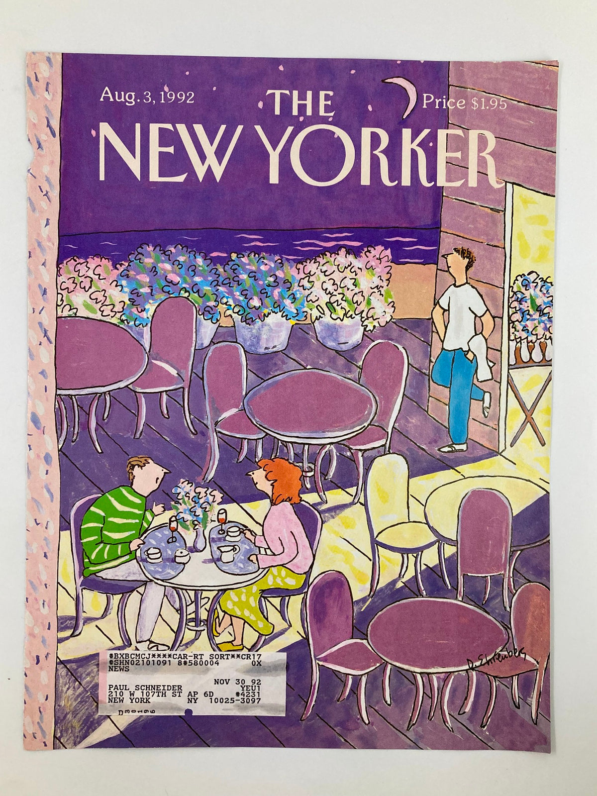 The New Yorker cover dated August 3, 1992, showcasing the artwork 'Dinner Date' by Devera Ehrenberg, illustrating a cozy restaurant setting with a couple dining at a small table amid vibrant floral decorations.