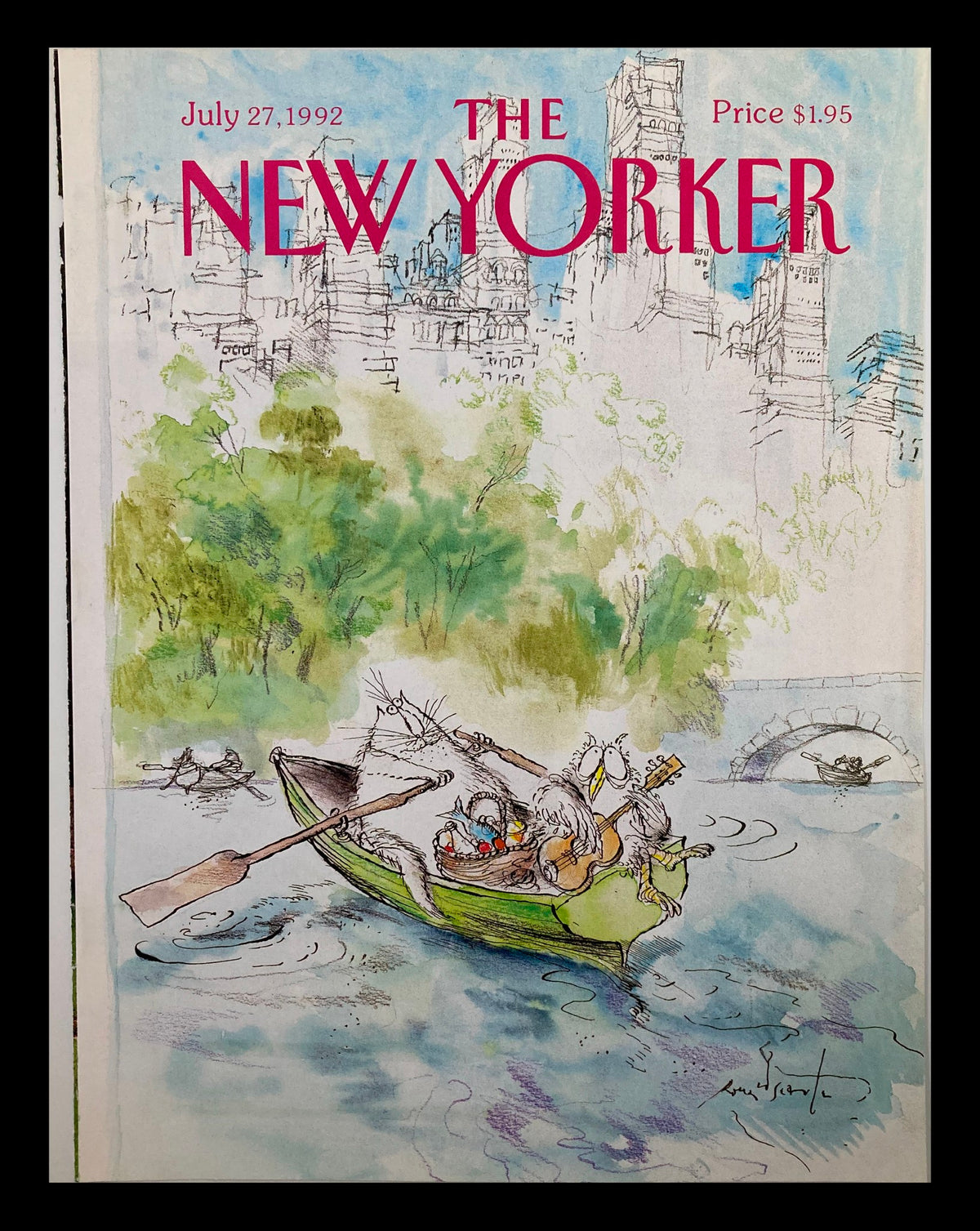 Cover only for The New Yorker dated July 27, 1992, featuring whimsical illustration of a cat, owl, and a rowboat by Ronald Searle.