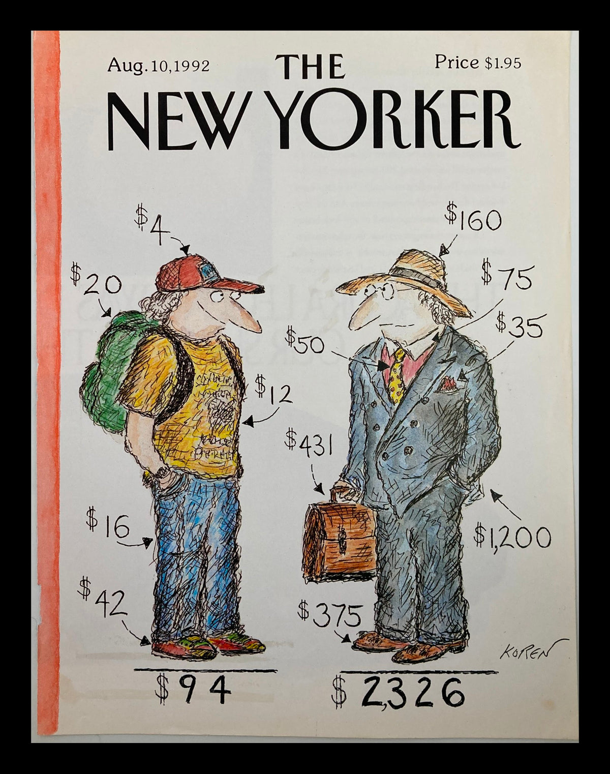 Cover of The New Yorker dated August 10, 1992, featuring a satirical illustration by Edward Koren, depicting a casual young man and a formally dressed businessman with humorous pricing annotations.