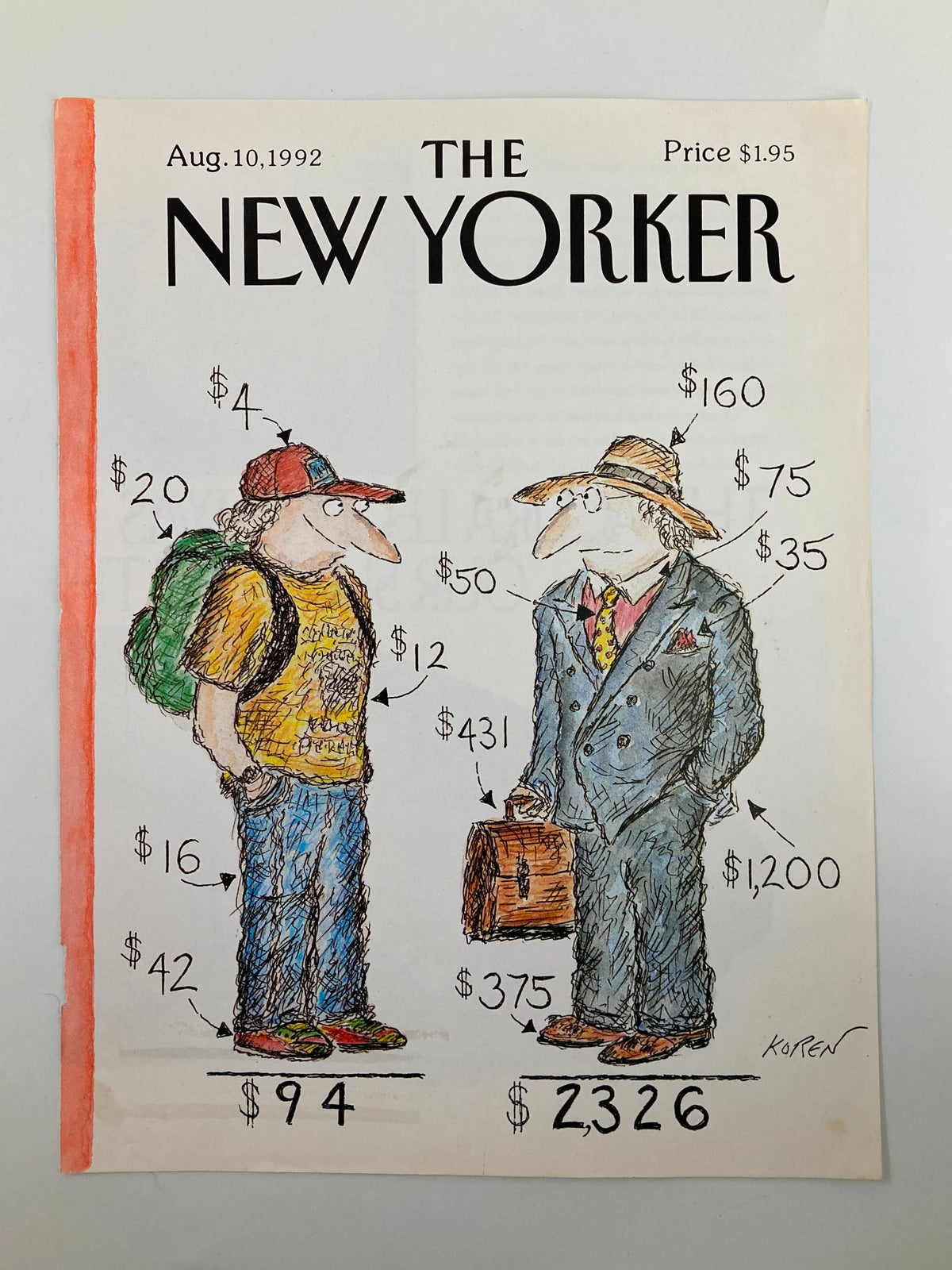 Cover of The New Yorker dated August 10, 1992, illustrating a humorous comparison between a youth and a businessman by Edward Koren, showcasing distinctive prices associated with their appearances.