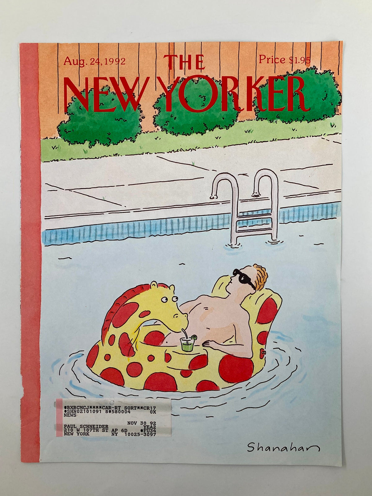COVER ONLY The New Yorker August 24 1992 Pool Float by Danny Shanahan showcasing a humorous depiction of a summer scene with a man on a pool float, wearing sunglasses.