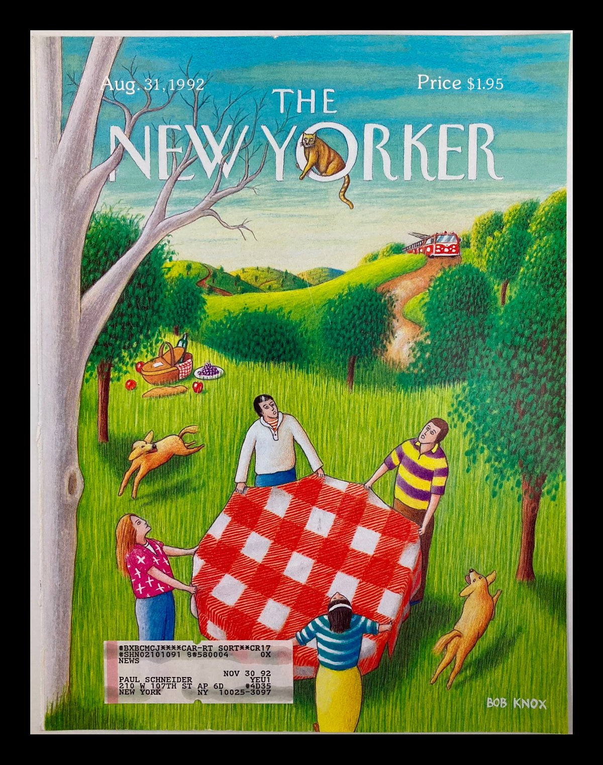 COVER ONLY The New Yorker August 31 1992 Family Day by Bob Knox featuring a vibrant picnic scene with family and pets in a green landscape.