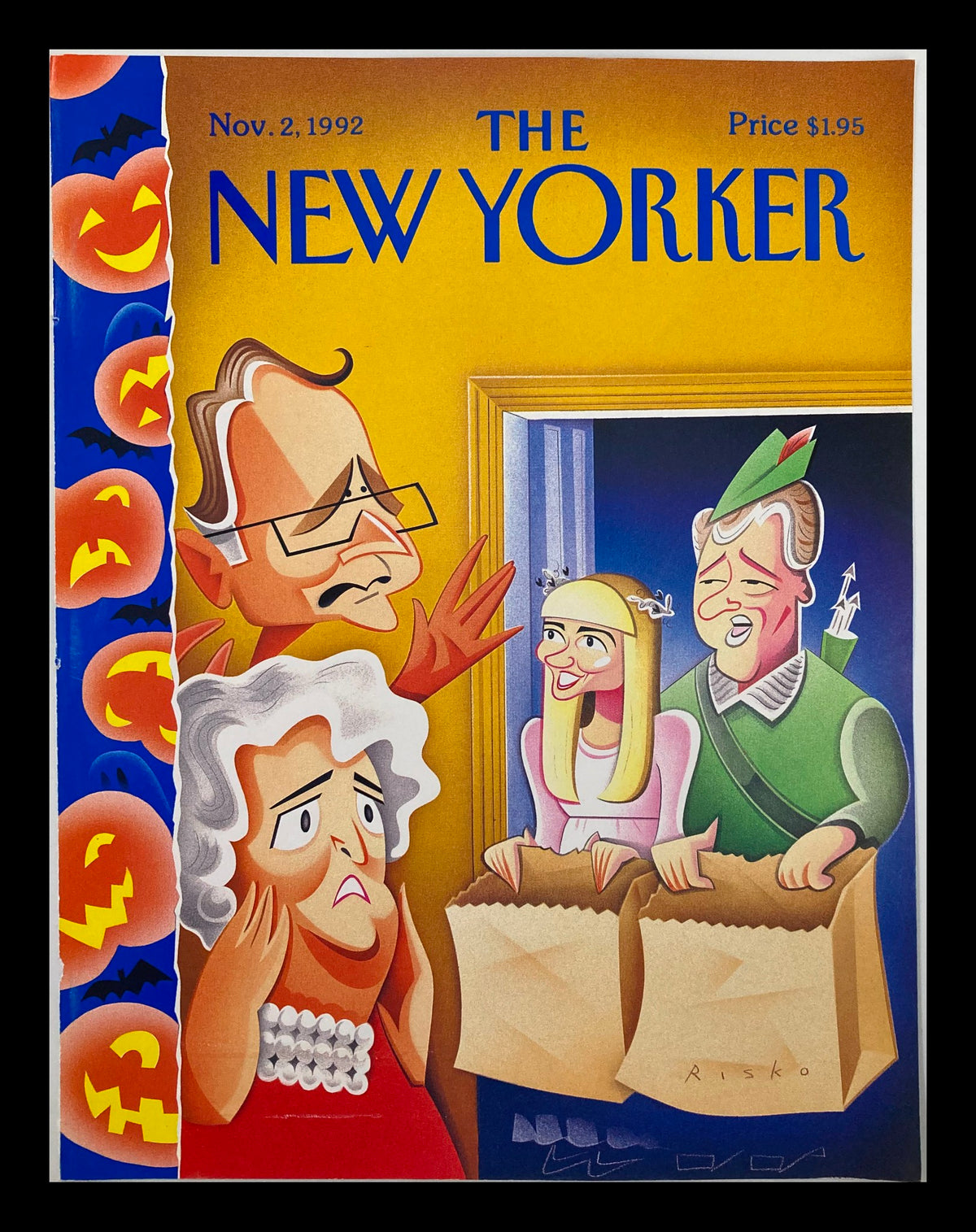 Cover of The New Yorker magazine from November 2, 1992, titled 'COVER ONLY The New Yorker November 2 1992 Trick or Treat by Robert Risko'. The illustration features characters with a Halloween theme, showcasing symbolic pumpkins and a colorful background, reflecting the festive spirit of the season.