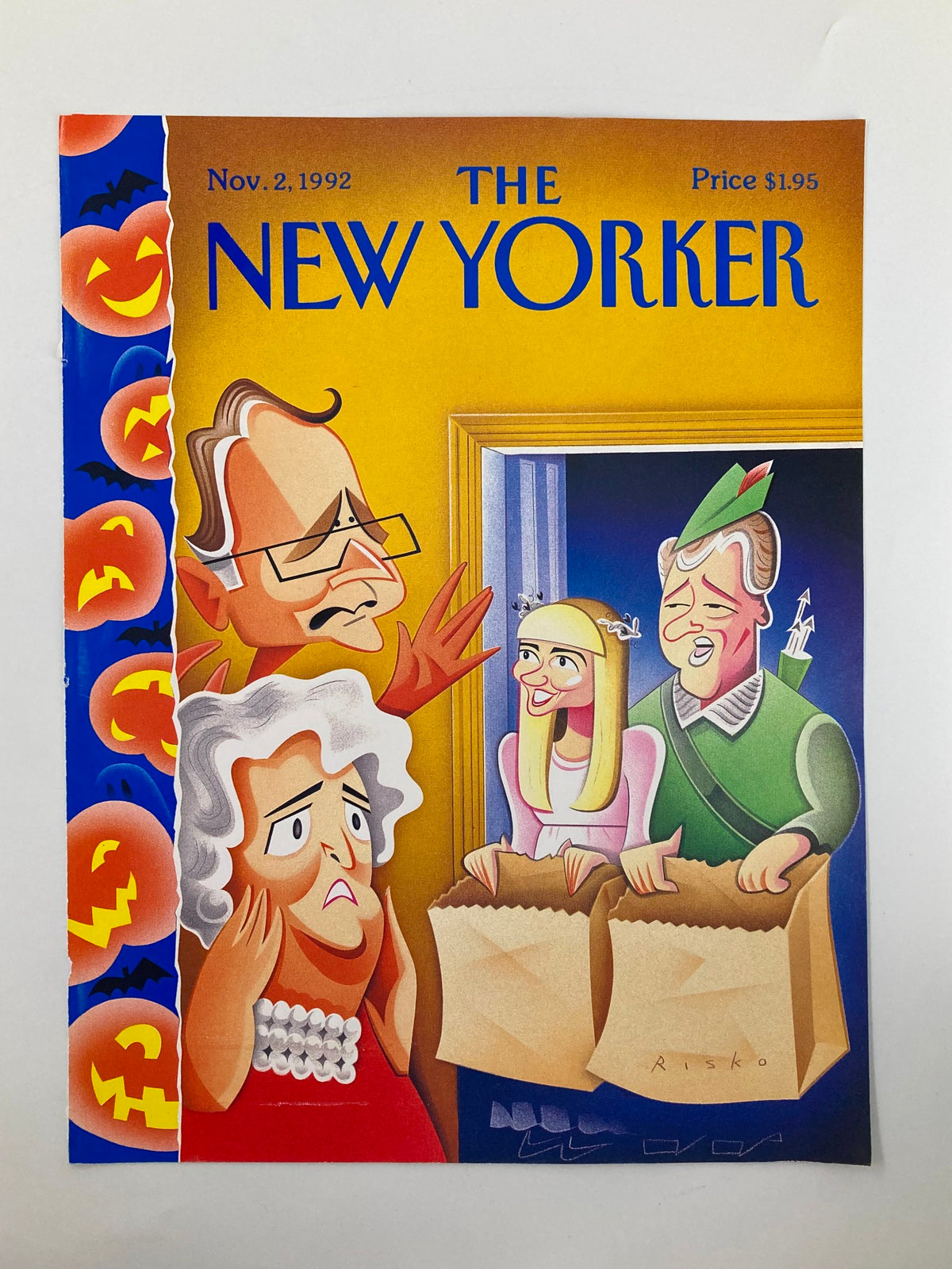 Cover of The New Yorker magazine from November 2, 1992, illustrated by Robert Risko, featuring a Halloween theme with a scene of surprised characters, pumpkins, and festive elements, highlighted by the title 'COVER ONLY The New Yorker November 2 1992 Trick or Treat by Robert Risko'.