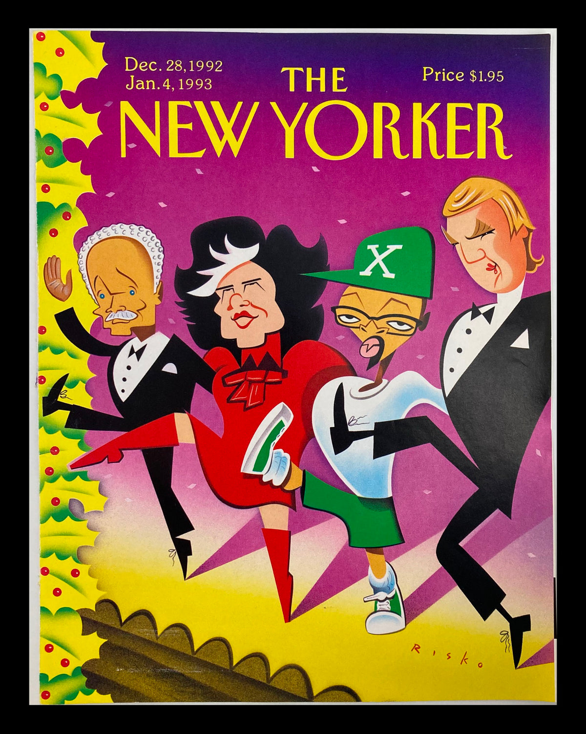The New Yorker cover from December 28, 1992, illustrating a Broadway show with characters in vibrant outfits, designed by Robert Risko. This colorful artwork captures the essence of early '90s theater culture.