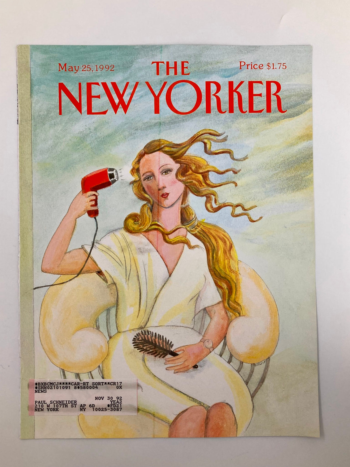 Vintage cover of The New Yorker, May 25, 1992, depicting a woman with flowing hair using a hair blower, illustrated by Susan Davis, a collectible piece of pop culture history.