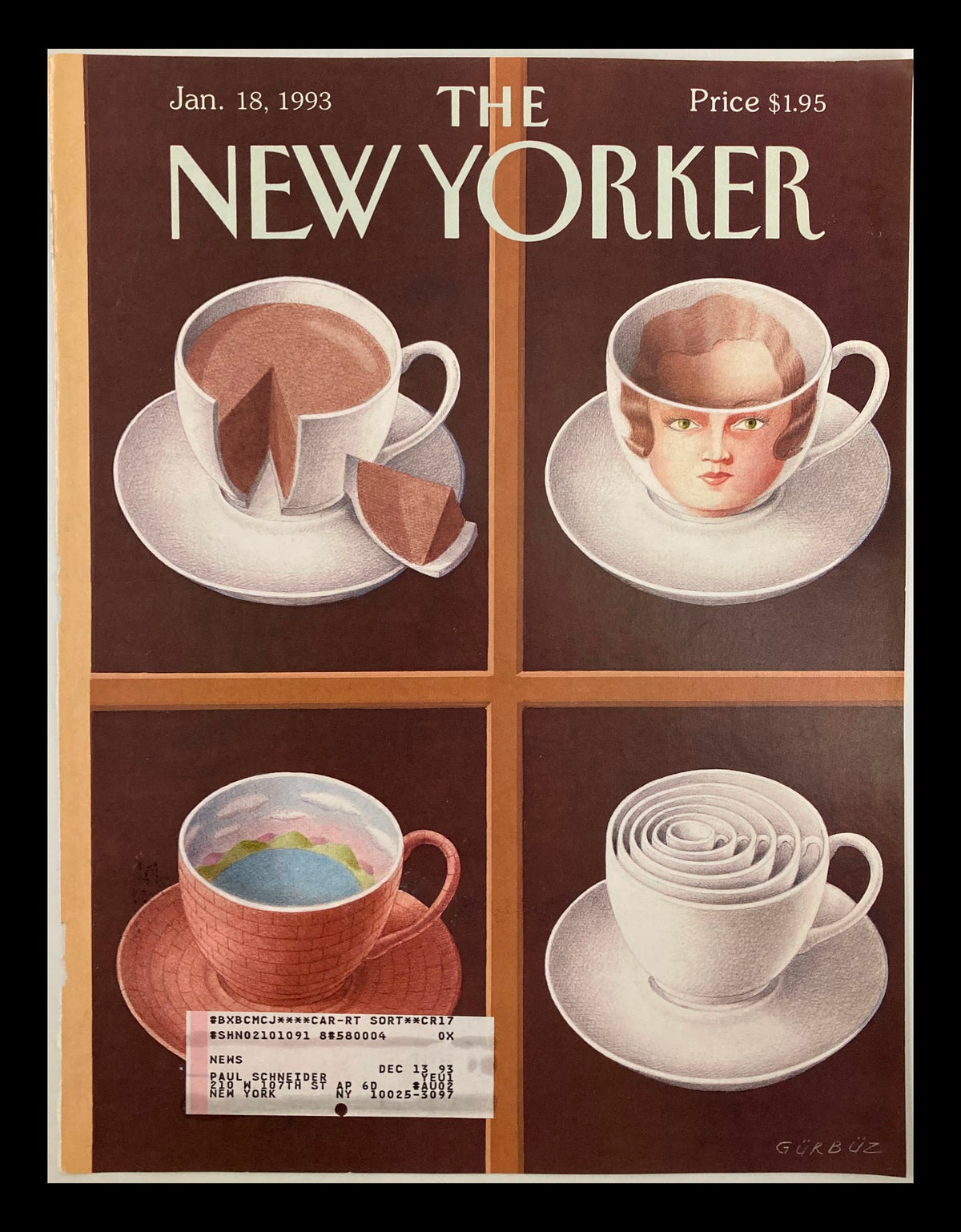Cover of The New Yorker, January 18, 1993, featuring artistic depiction of teacup cakes by Gürbüz Doğan Ekşioğlu, showcasing four unique teacups with creative designs.