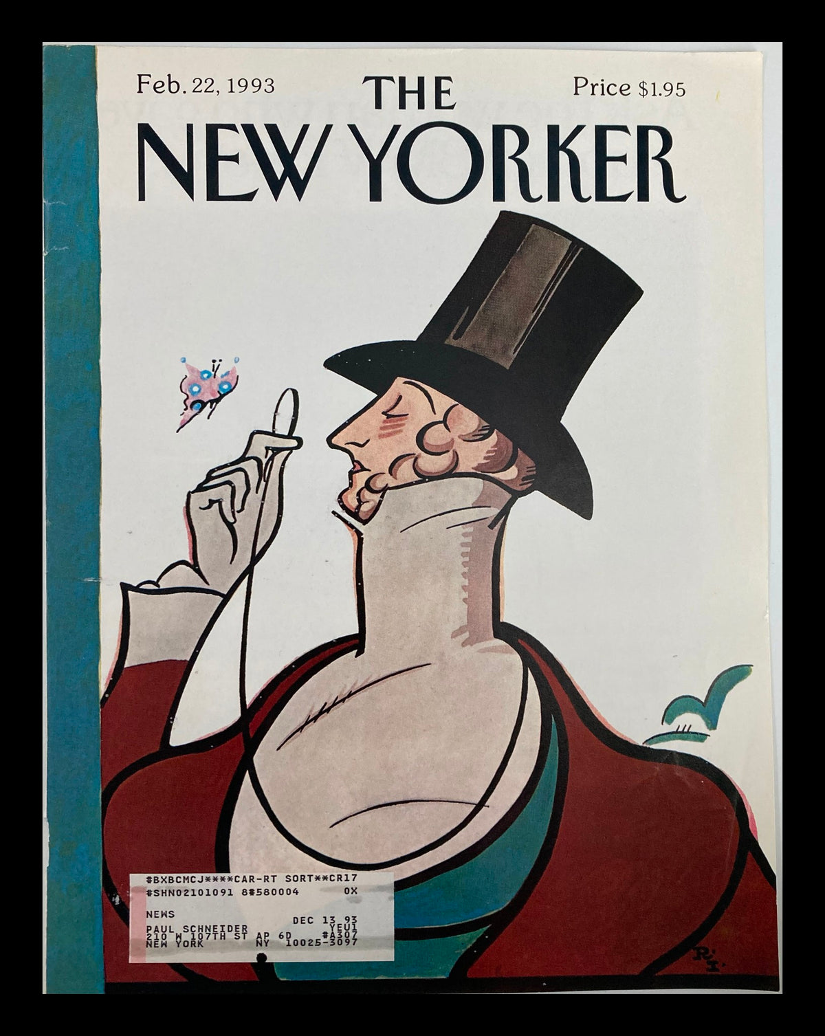 Cover of The New Yorker dated February 22, 1993, featuring Eustace Tilley illustrated by Rea Irvin, showcasing an iconic vintage design with a whimsical character in a top hat.