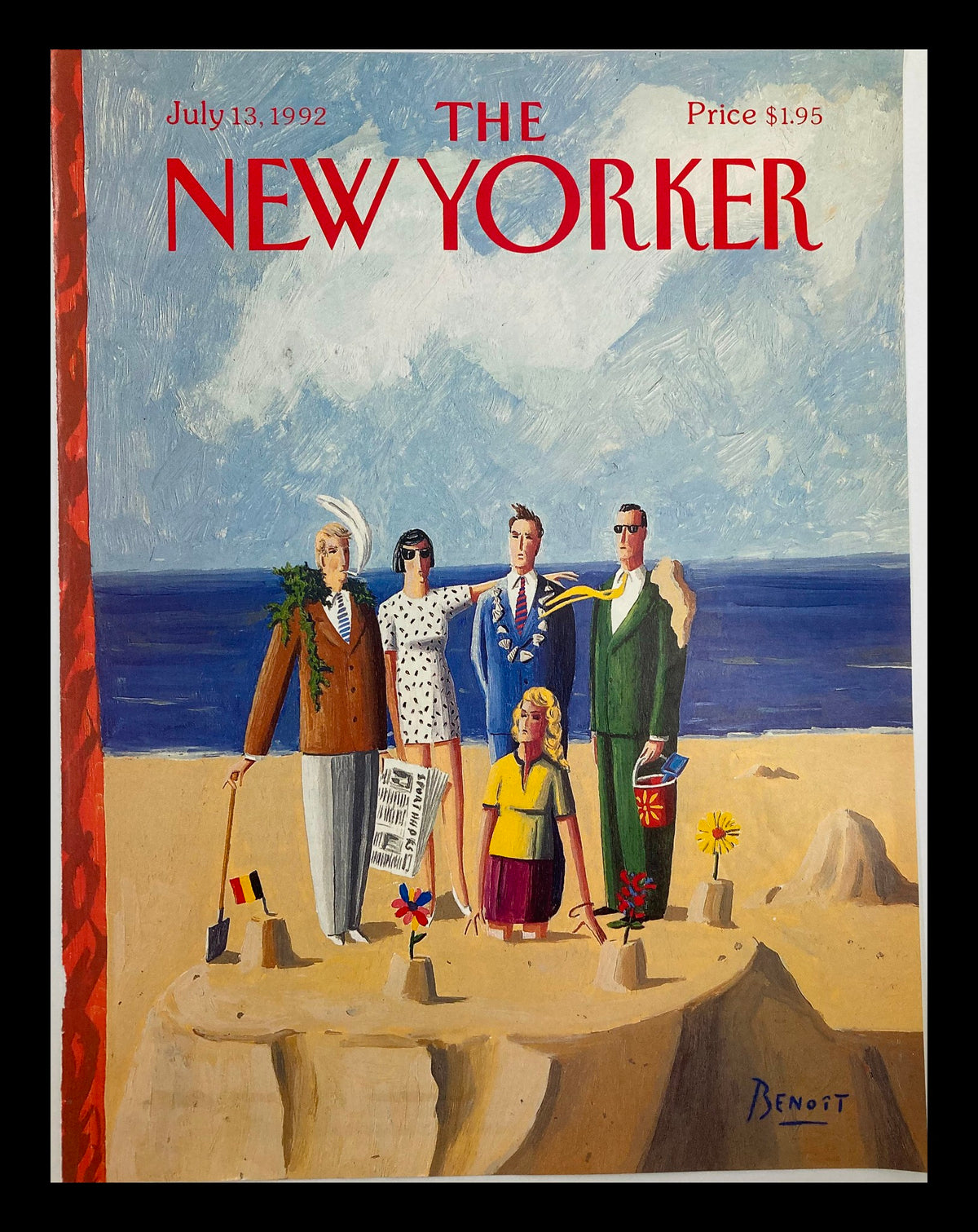 Cover of The New Yorker July 13, 1992, titled 'Summer Time' by Benoit van Innis, featuring six figures on a beach with vibrant colors and a seaside background.