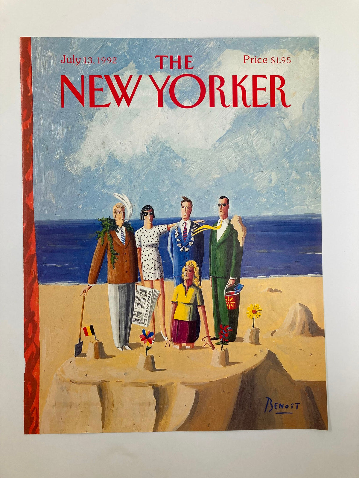 The New Yorker cover from July 13, 1992, 'Summer Time' by Benoit van Innis, depicting a group of women and men on a sandy beach with colorful flowers, showcasing a bright summer scene.