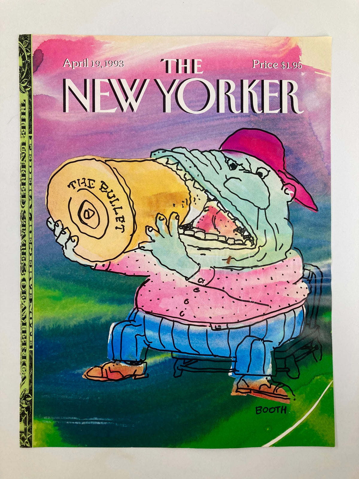 The New Yorker magazine cover from April 19, 1993, named 'Biting the Bullet' by George Booth, displaying a whimsical character with a large bullet, exemplifying Booth's distinct art style.