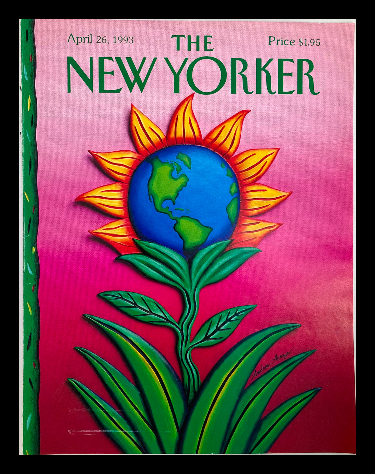 Cover of The New Yorker April 26 1993 featuring a vibrant Earth Day illustration by Andrea Arroyo, showcasing a globe surrounded by a sunflower against a pink background.
