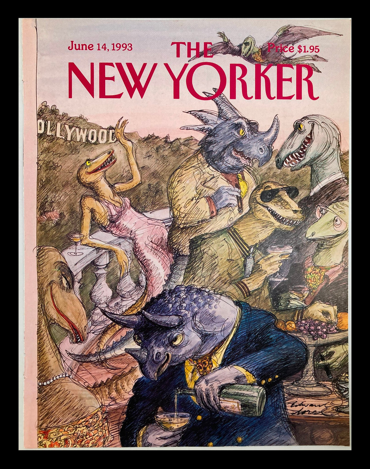 COVER ONLY The New Yorker June 14 1993 featuring an illustration of Hollywood monsters by Edward Sorel, depicting anthropomorphic dinosaurs dressed in formal attire at a social gathering.