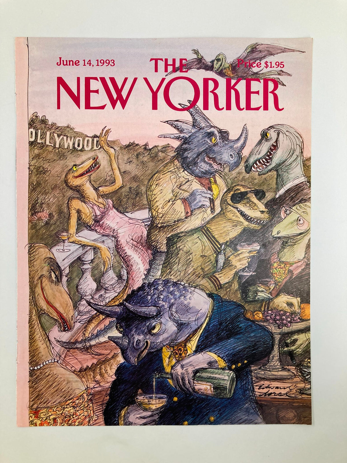 COVER ONLY The New Yorker June 14 1993 artwork by Edward Sorel showcasing Hollywood monsters, with various dinosaur characters enjoying drinks and interacting in a party setting.
