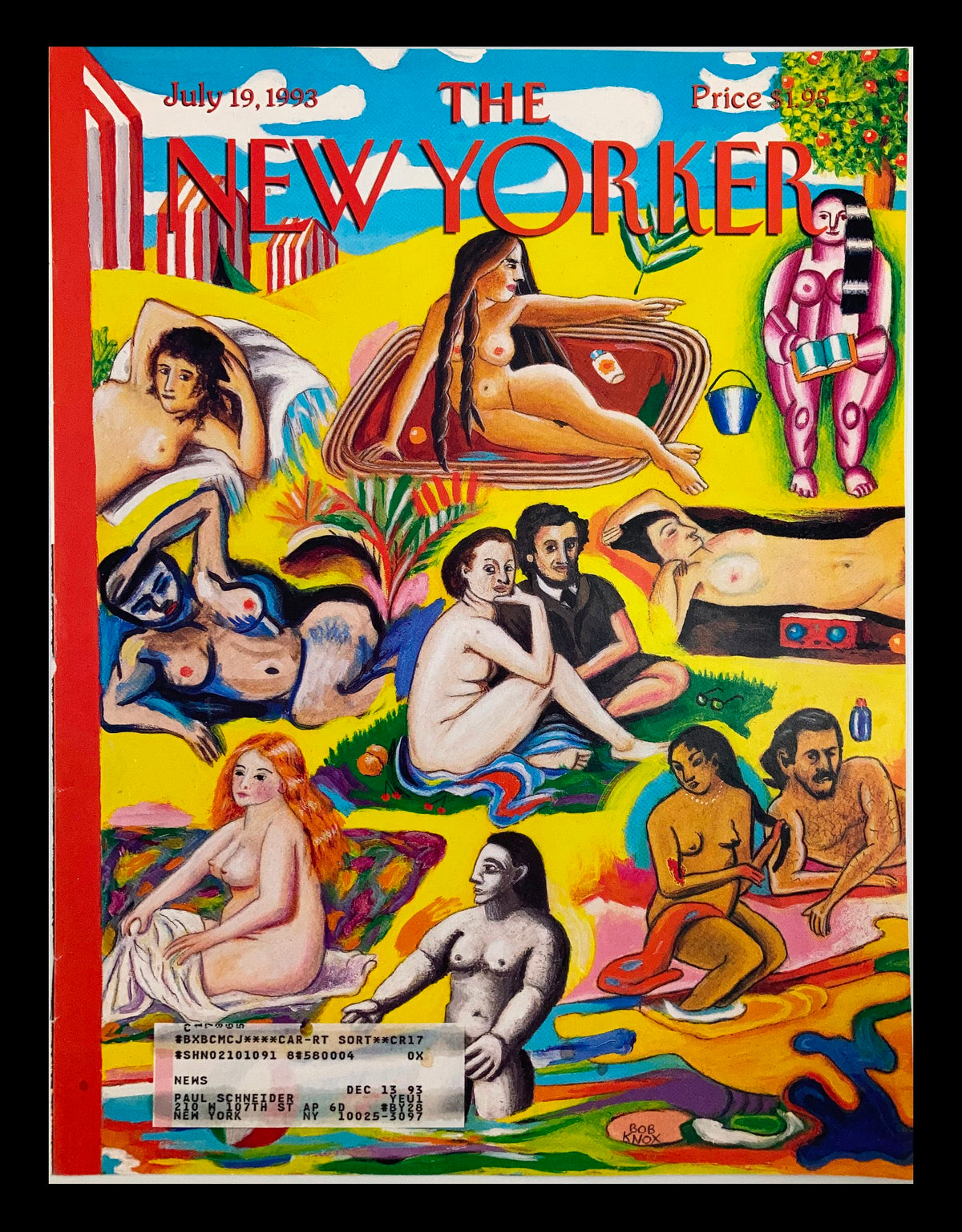 Cover of The New Yorker dated July 19, 1993 titled 'Sur la Plage' by Bob Knox, featuring colorful illustrations of people relaxing at the beach with a vibrant summer setting.