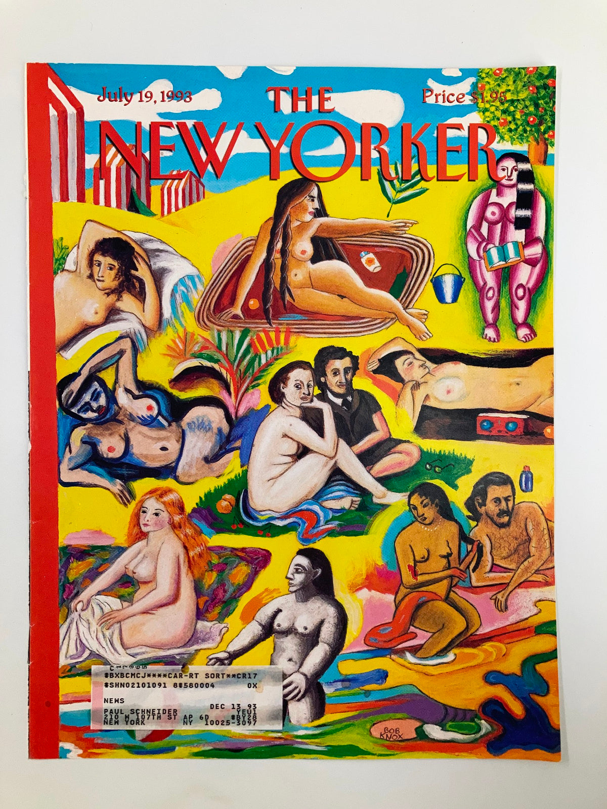 Cover art of The New Yorker from July 19, 1993, titled 'Sur la Plage' by Bob Knox, showcasing an artistic depiction of beachgoers in a lively and colorful environment.
