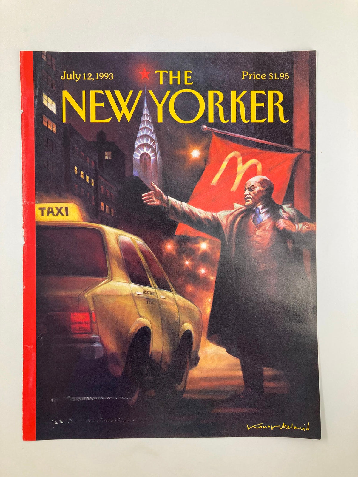The New Yorker magazine cover from July 12, 1993, titled 'A Cab' by Vitaly Komar, showcasing a cityscape with a taxi and a man waving a flag.