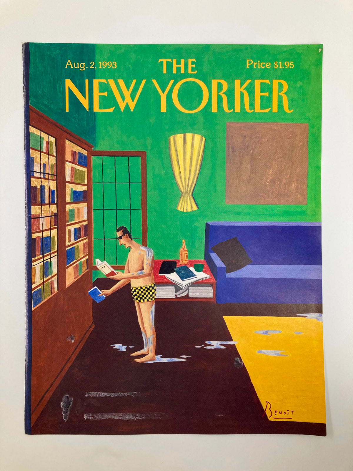 The New Yorker magazine cover dated August 2, 1993, showcasing 'How To Swim' by Benoit van Innis, illustrating a man in yellow checkered swim shorts reading in a vibrant room with a window and couch.
