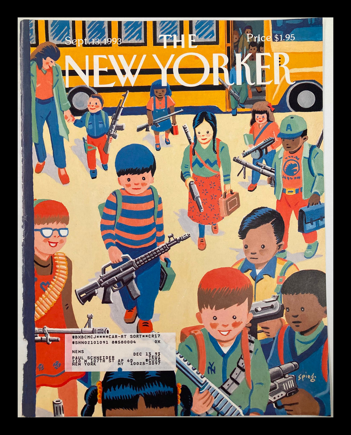 Cover of The New Yorker September 13 1993 titled 'The Guns of September' by W. Steig, featuring children carrying toy guns with a vibrant yellow school bus in the background.