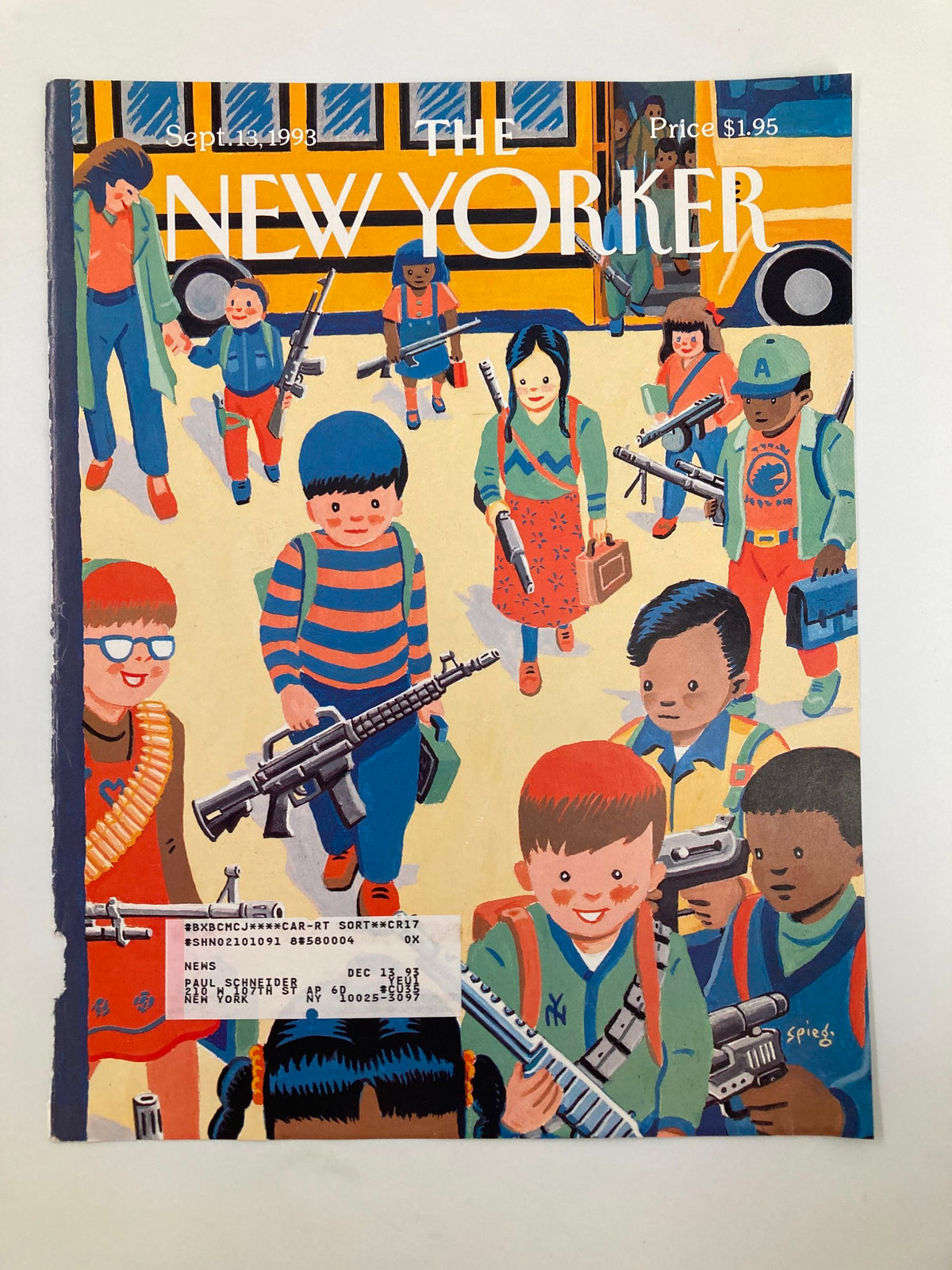 Another view of The New Yorker September 13 1993 cover, 'The Guns of September' by W. Steig, showing a colorful illustration of children with toy weapons in a schoolyard setting.