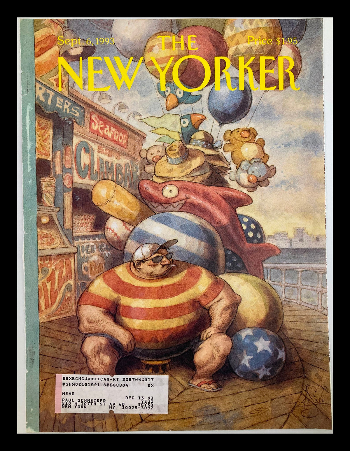 Cover of The New Yorker, September 6, 1993, illustrated by Peter de Seve, featuring whimsical balloons and a humorous beach scene with a large man in a striped shirt.