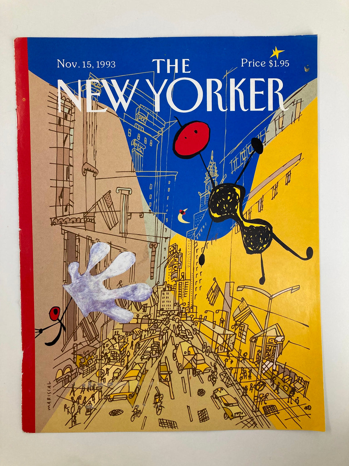 The New Yorker cover dated November 15, 1993, depicts 'Miro in the City' artwork by Javier Mariscal, highlighting a dynamic cityscape filled with colorful graphics and lively imagery.