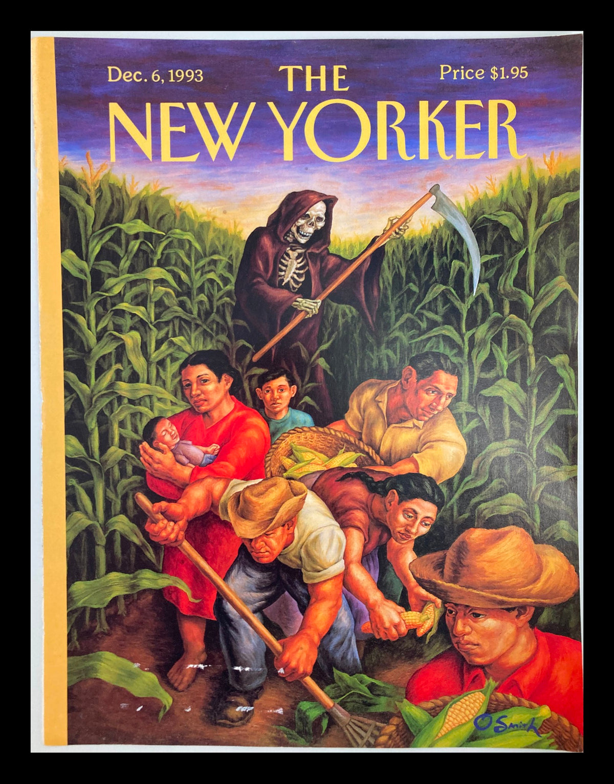 The New Yorker Cover December 6, 1993 featuring the artwork 'In The Field' by Owen Smith, depicting a colorful scene with a skeletal figure, farmers, and crops in vivid detail.