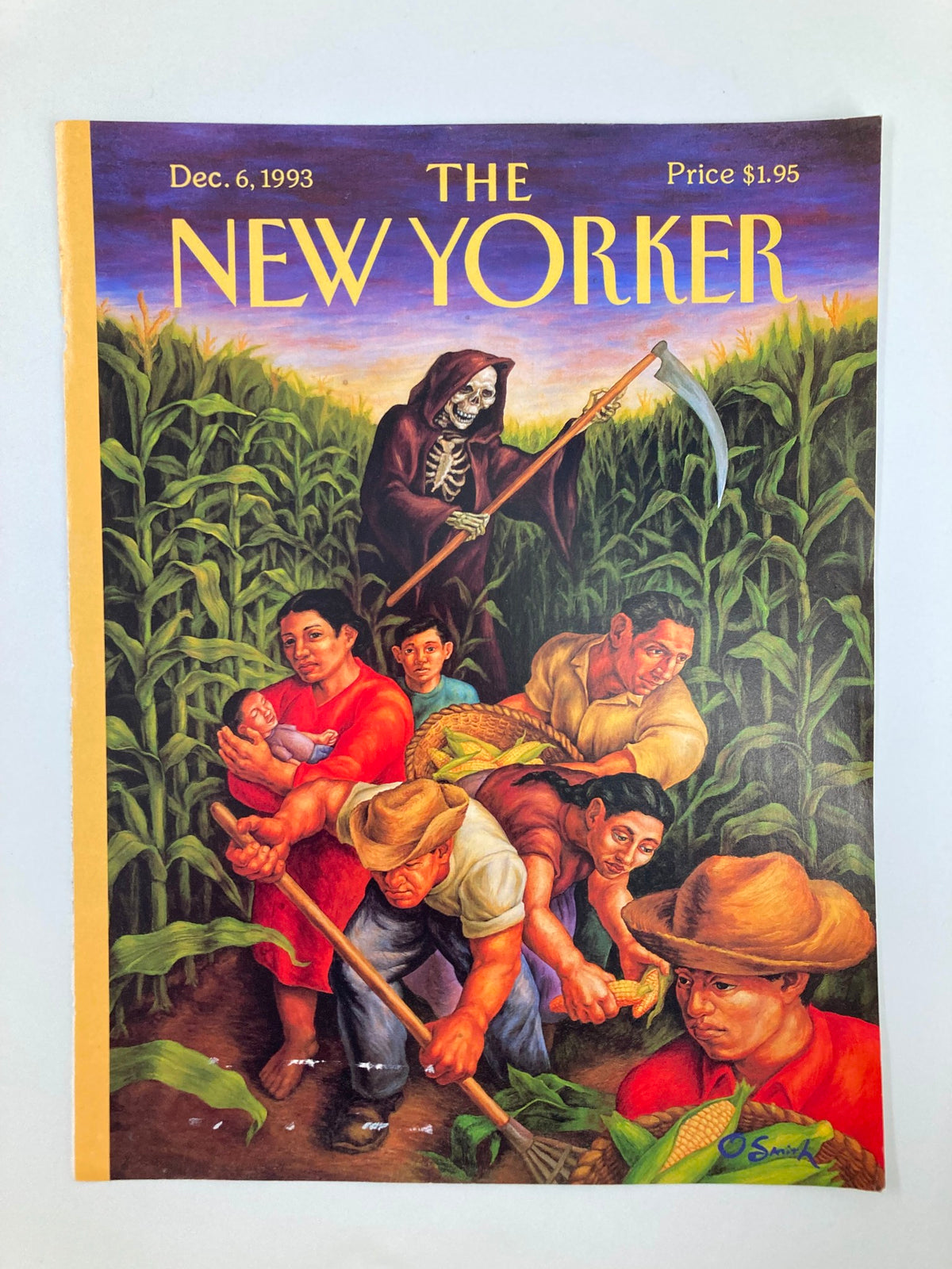 The New Yorker Cover December 6, 1993 titled 'In The Field' by Owen Smith, showcasing a vibrant illustration of a rural environment with farmers and a grim reaper figure.