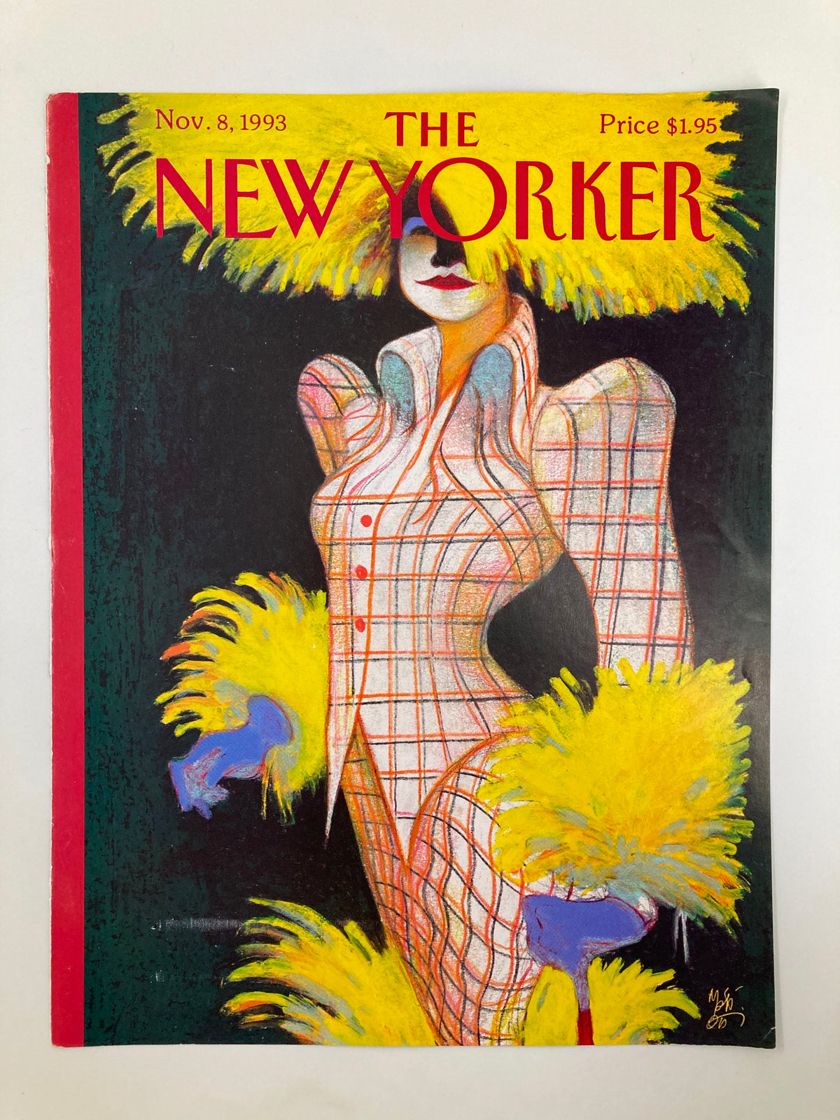 Cover of The New Yorker magazine, November 8, 1993, depicting a stylish character illustrated by Lorenzo Mattotti, adorned in a checkered garment and a striking yellow feather headdress.