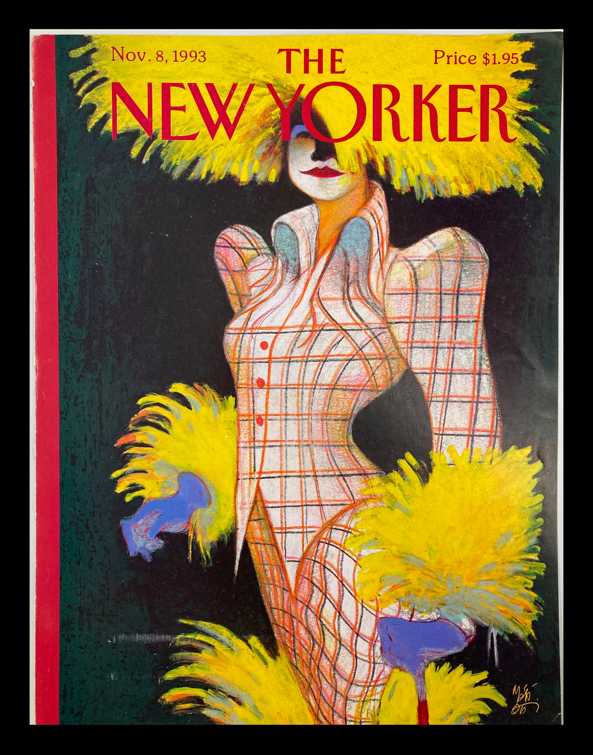 Cover of The New Yorker magazine, November 8, 1993, featuring an illustration by Lorenzo Mattotti showcasing a fashionable figure with a dramatic yellow feather hat and a plaid outfit.